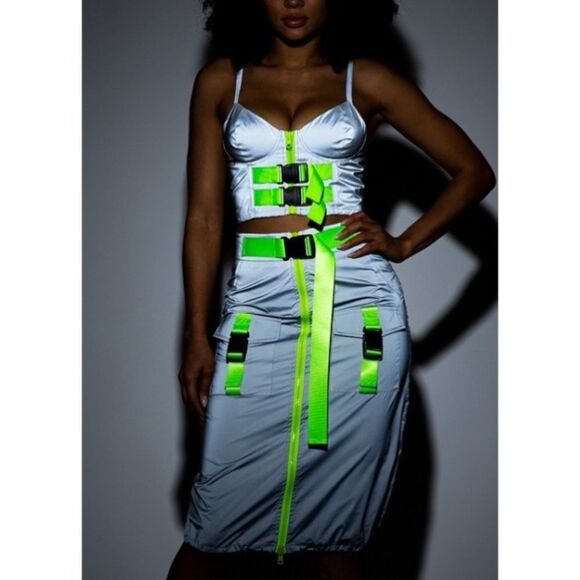 CAPSULLE Y2K Style Reflective High-Waist Midi Skirt With Neon Straps K - Picture 1 of 16